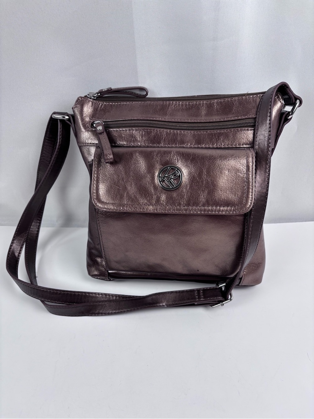 Kim Rogers Bronze Metallic Genuine Leather Crossbody Bag - Organiser Purse